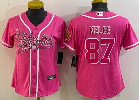 Women's Kansas City Chiefs #87 Travis Kelce Limited Pink Baseball Jersey