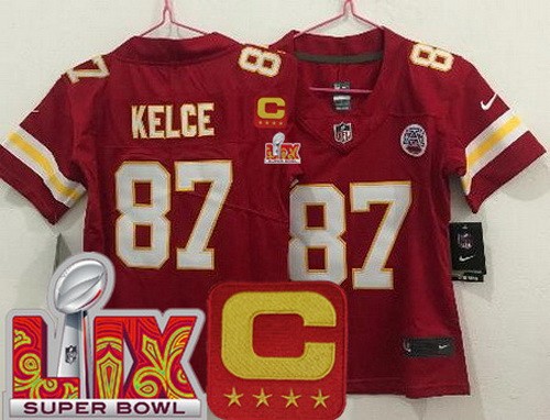 Women's Kansas City Chiefs #87 Travis Kelce Limited Red C Patch Super Bowl LIX Vapor Jersey