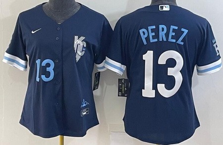 Women's Kansas City Royals #13 Salvador Perez Navy 2022 City Connect Player Number Cool Base Jersey