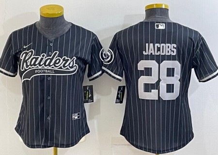 Women's Las Vegas Raiders #28 Josh Jacobs Limited Black Stripes Baseball Jersey