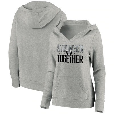 Women's Las Vegas Raiders Heather Gray Stronger Together Crossover Neck Printed Pullover Hoodie 0720
