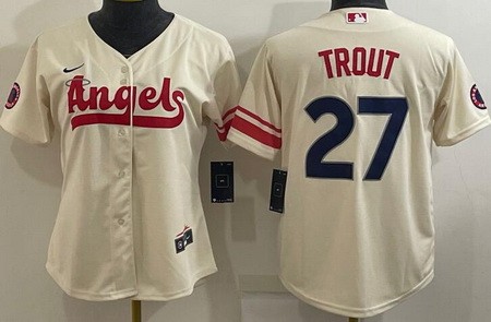 Women's Los Angeles Angels #27 Mike Trout Cream 2022 City Connect Cool Base Jersey