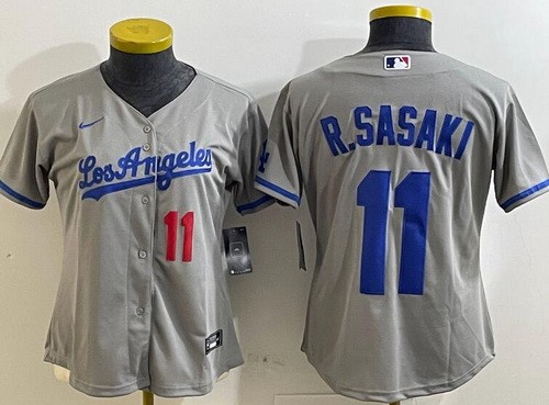 Women's Los Angeles Dodgers #11 Roki Sasaki Gray Alternate Player Number Team Logo Cool Base Jersey