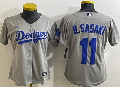 Women's Los Angeles Dodgers #11 Roki Sasaki Gray Team Logo Cool Base Jersey