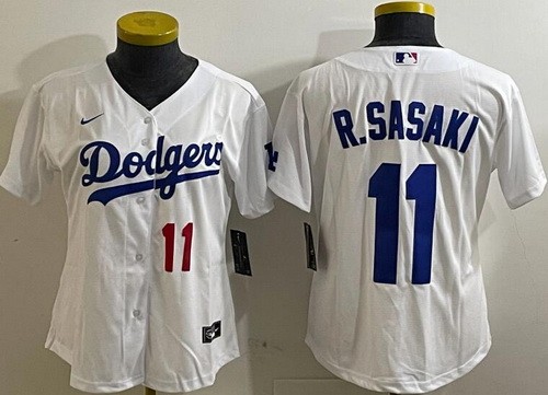Women's Los Angeles Dodgers #11 Roki Sasaki White Player Number Team Logo Cool Base Jersey