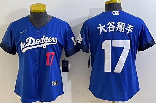 Women's Los Angeles Dodgers #17 Shohei Ohtani Blue City Japanese Player Number Cool Base Jersey
