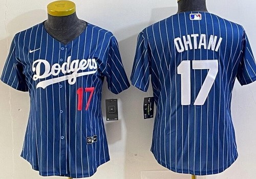 Women's Los Angeles Dodgers #17 Shohei Ohtani Navy Stripes Player Number Cool Base Jersey