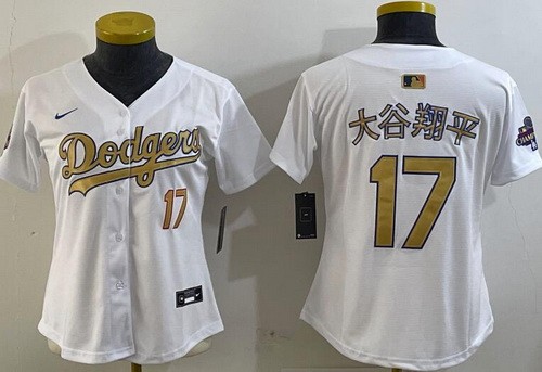 Women's Los Angeles Dodgers #17 Shohei Ohtani White Japanese 2025 Gold Collection Limited Jersey