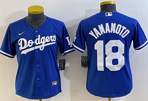 Women's Los Angeles Dodgers #18 Yoshinobu Yamamoto Blue Team Logo Cool Base Jersey