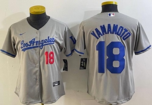 Women's Los Angeles Dodgers #18 Yoshinobu Yamamoto Gray Alternate Player Number Team Logo Cool Base Jersey