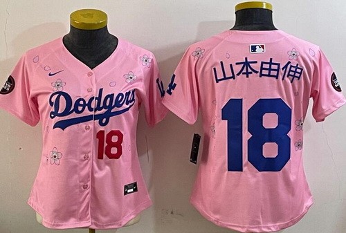 Women's Los Angeles Dodgers #18 Yoshinobu Yamamoto Pink Jananese 2025 Tokyo Series Limited Jersey