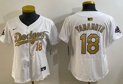 Women's Los Angeles Dodgers #18 Yoshinobu Yamamoto White 2025 Gold Collection Limited Jersey