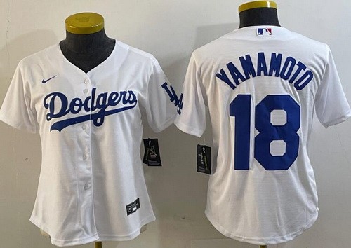 Women's Los Angeles Dodgers #18 Yoshinobu Yamamoto White Team Logo Cool Base Jersey