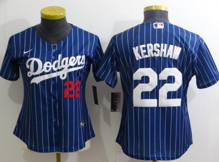 Women's Los Angeles Dodgers #22 Clayton Kershaw Blue Stripes Cool Base Jersey