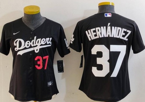 Women's Los Angeles Dodgers #37 Teoscar Hernandez Black Player Numbe Team Logo Cool Base Jersey