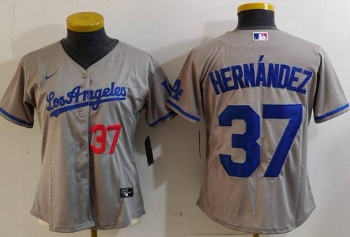 Women's Los Angeles Dodgers #37 Teoscar Hernandez Gray Alternate Player Numbe Team Logo Cool Base Jersey