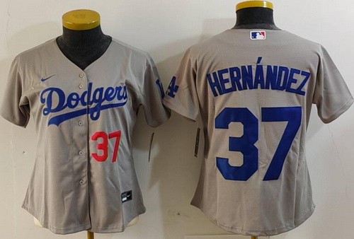 Women's Los Angeles Dodgers #37 Teoscar Hernandez Gray Player Numbe Team Logo Cool Base Jersey