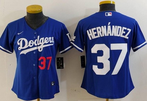 Women's Los Angeles Dodgers #37 Teoscar Hernandez Royal Player Numbe Team Logo Cool Base Jersey