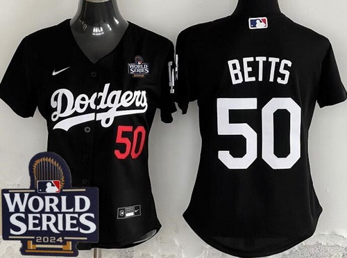 Women's Los Angeles Dodgers #50 Mookie Betts Black 2024 World Series Limited Jersey
