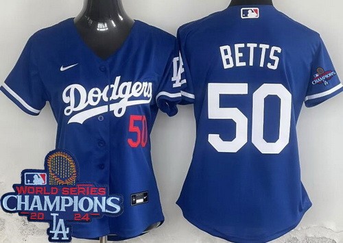 Women's Los Angeles Dodgers #50 Mookie Betts Blue 2024 World Series Champions Limited Jersey