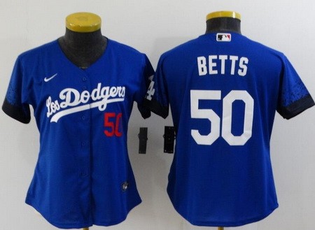 Women's Los Angeles Dodgers #50 Mookie Betts Blue Player Number 2021 City Cool Base Jersey