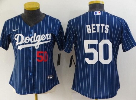 Women's Los Angeles Dodgers #50 Mookie Betts Blue Stripes Cool Base Jersey
