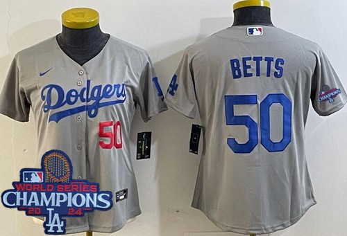 Women's Los Angeles Dodgers #50 Mookie Betts Gray 2024 World Series Champions Limited Jersey