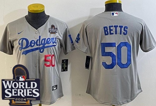 Women's Los Angeles Dodgers #50 Mookie Betts Gray 2024 World Series Limited Jersey