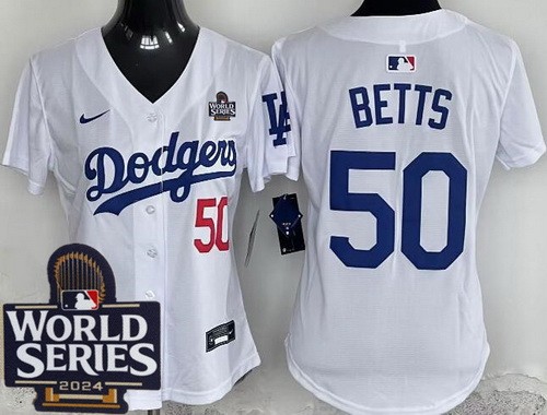 Women's Los Angeles Dodgers #50 Mookie Betts White 2024 World Series Limited Jersey