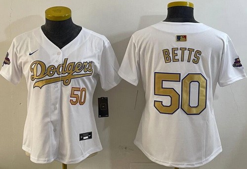 Women's Los Angeles Dodgers #50 Mookie Betts White 2025 Gold Collection Limited Jersey