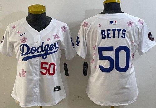 Women's Los Angeles Dodgers #50 Mookie Betts White 2025 Tokyo Series Limited Jersey