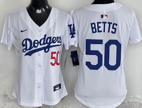 Women's Los Angeles Dodgers #50 Mookie Betts White Limited Jersey