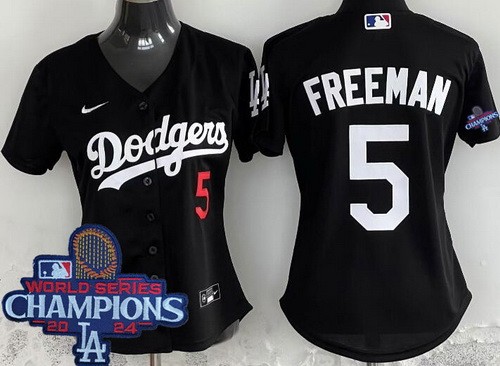 Women's Los Angeles Dodgers #5 Freddie Freeman Black 2024 World Series Champions Limited Jersey