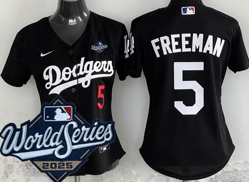 Women's Los Angeles Dodgers #5 Freddie Freeman Black 2025 World Series Limited Jersey