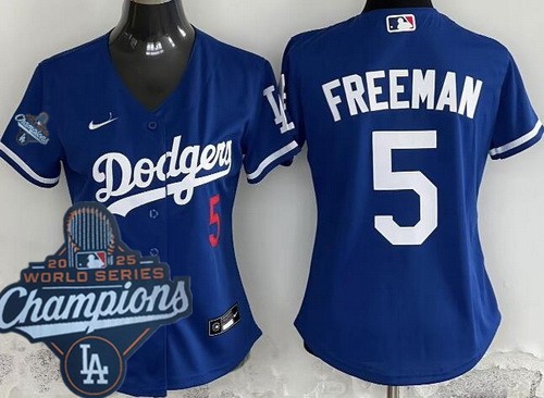 Women's Los Angeles Dodgers #5 Freddie Freeman Blue 2025 World Series Champions Limited Jersey