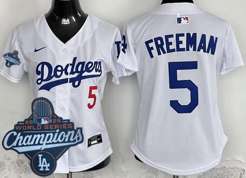 Women's Los Angeles Dodgers #5 Freddie Freeman White 2025 World Series Champions Limited Jersey