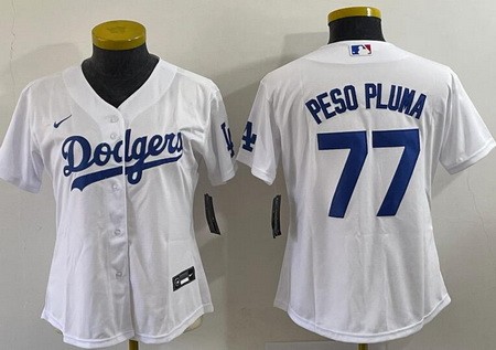 Women's Los Angeles Dodgers #77 Peso Pluma White Team Logo Cool Base Jersey