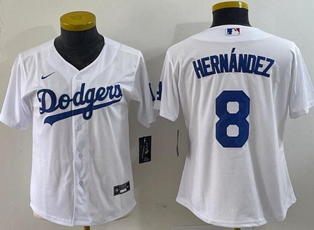 Women's Los Angeles Dodgers #8 Enrique Hernandez White Team Logo Cool Base Jersey