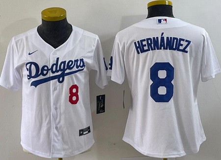 Women's Los Angeles Dodgers #8 Enrique Hernandez White Team Logo Player Number Cool Base Jersey