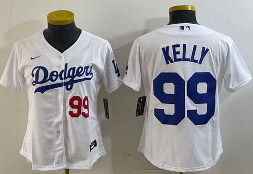 Women's Los Angeles Dodgers #99 Joe Kelly White Player Number Team Logo Cool Base Jersey