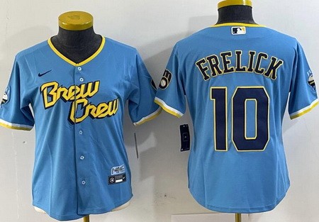 Women's Milwaukee Brewers #10 Sal Frelick Powder Blue City Connect Cool Base Jersey