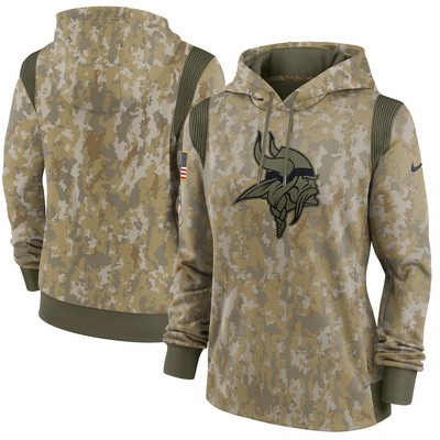 Women's Minnesota Vikings Olive 2021 Salute To Service Therma Performance Pullover Hoodie