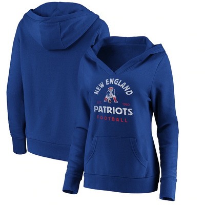 Women's New England Patriots Royal Vintage Arch V Neck Pullover Hoodie