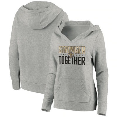 Women's New Orleans Saints Heather Gray Stronger Together Crossover Neck Printed Pullover Hoodie 0708