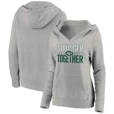 Women's New York Jets Heather Gray Stronger Together Crossover Neck Printed Pullover Hoodie 0705