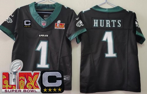 Women's Philadelphia Eagles #1 Jalen Hurts Limited Black C Patch Super Bowl LIX FUSE Vapor Jersey