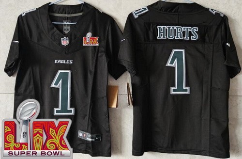 Women's Philadelphia Eagles #1 Jalen Hurts Limited Black Fashion Super Bowl LIX FUSE Vapor Jersey