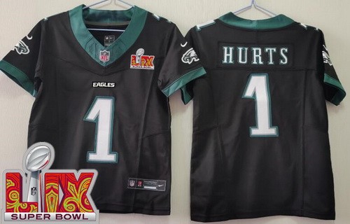 Women's Philadelphia Eagles #1 Jalen Hurts Limited Black Super Bowl LIX FUSE Vapor Jersey