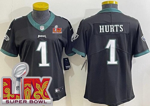 Women's Philadelphia Eagles #1 Jalen Hurts Limited Black Super Bowl LIX Vapor Jersey