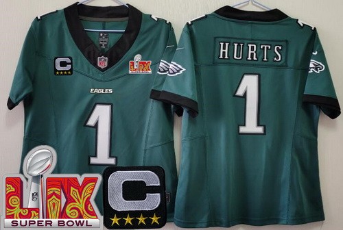 Women's Philadelphia Eagles #1 Jalen Hurts Limited Green C Patch Super Bowl LIX FUSE Vapor Jersey